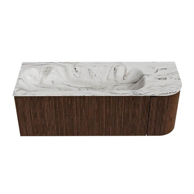 MONDIAZ KURVE-DLUX Meuble de salle de bains 125cm avec module 25 R couleur Walnut avec 1 tiroir et 1 porte. Lavabo BIG MEDIUM gauche sans trou de robinet couleur Glace.