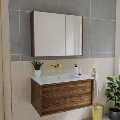 Saniclass Holz Frame Armoire miroir - 80x63x16cm - incluant panneaux latéraux - Walnut pure