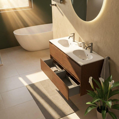 Saniclass Holz Pure Ensemble de meuble de salle de bains - 120x45x74cm - Vasque Chaci en céramique blanche - 2 vasques - 2 trous de robinetterie - 4 tiroirs - walnut pure mat (bois)
