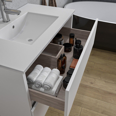 Adema Chaci Meuble salle de bain - 80x46x55cm - 1 vasque en céramique blanche- sans trou de robinet - 2 tiroirs - miroir rond avec éclairage - blanc mat