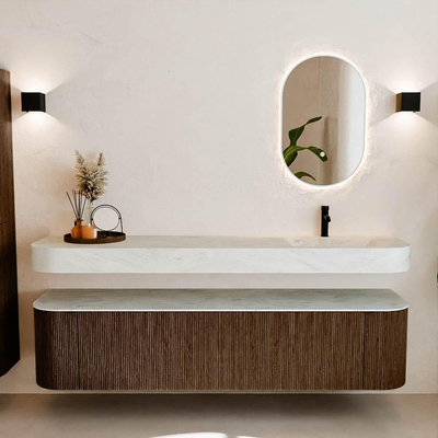 MONDIAZ THOR-DLUX Meuble de salle de bains - 190cm - arrondi gauche + droite - couleur Walnut - 2 tiroirs et 2 portes - Vasque suspendue CLOUD Droite 1 trou de robinet - couleur Opalo