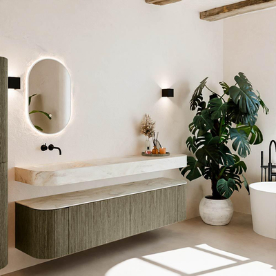 MONDIAZ THOR-DLUX Meuble de salle de bains - 190cm - arrondi gauche + droite - couleur Shadow - 2 tiroirs - 2 portes - Vasque suspendue CLOUD Gauche sans trou de robinet - couleur Ostra