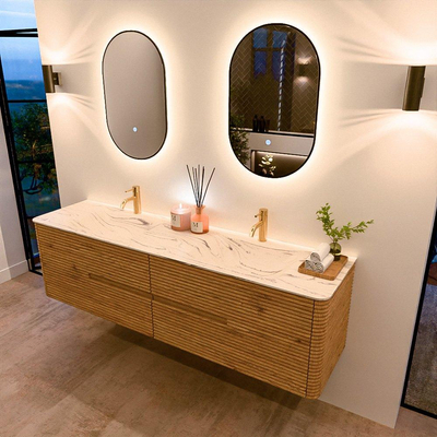Mondiaz CIRO-DLUX Ensemble de meubles de salle de bains - 180x45x50cm - Lavabo solid surface Nata - 2 vasques double - 2 trous de robinet - 4 tiroirs - Chêne