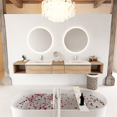 MONDIAZ BUKLA 280cm ensemble de meuble avec module ouvert 40 L+R couleur Chêne blanchi avec 3 tiroirs. Lavabo CLOUD double 2 trous de robinet couleur Talc.