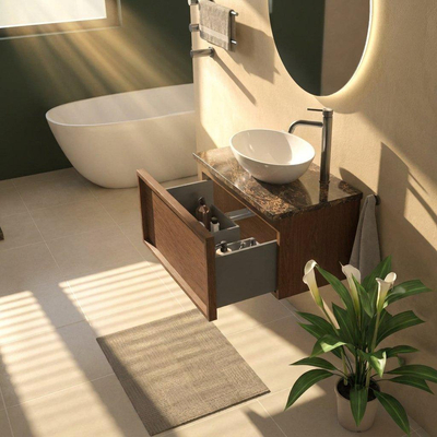 Saniclass Holz Frame Ensemble meuble de salle de bains - 80x45x43cm - plan de travail en pierre naturelle Noche dark emperador - 1 trou de robinetterie - 1 tiroir - noyer pur mat (bois)
