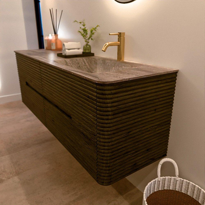 Mondiaz CIRO-DLUX Meuble de salle de bains - 150x45x50cm - Plan vasque solid surface Oza - 1 vasque à droite - 1 trou de robinet - 4 tiroirs - Shadow