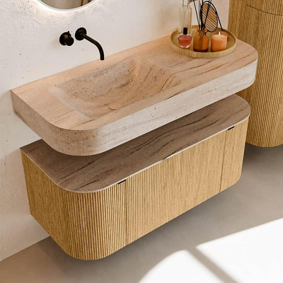 MONDIAZ THOR-DLUX 110cm badmeubel ronding links + rechts kleur Oak met 1 lade en 2 deuren. Vrijhangende wastafel CLOUD Links zonder kraangat kleur Saba.