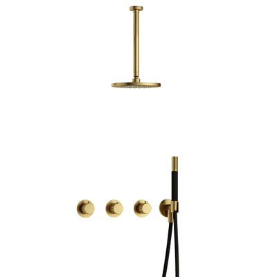 Hotbath Cobber X IBSX70 Regendoucheset inbouw - hoofddouche 20cm - plafondarm 30cm - handdouche staaf 1 stand - geborsteld messing - PVD