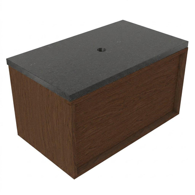 Saniclass Holz Frame Ensemble de meubles de salle de bains - 80x45x43cm - plan vasque en basalte Noche poli (noir) - sans trou de robinetterie - 1 tiroir - walnut pure mat (bois)