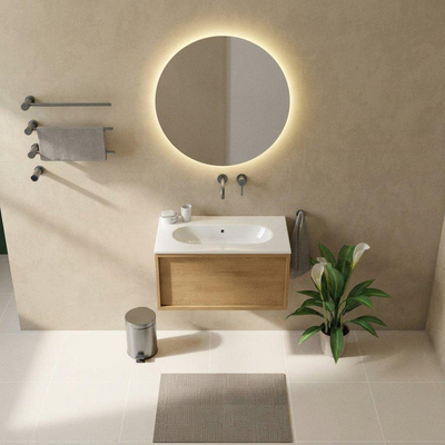 Saniclass Holz Frame Ensemble de meuble de salle de bains - 80x45x53.9cm - lavabo en céramique Chaci blanc - 1 vasque - sans trou de robinetterie - 1 tiroir - chêne natural mat (bois)