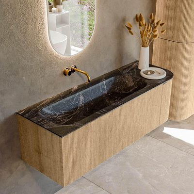 MONDIAZ KURVE-DLUX 135cm badmeubel met module 25 R kleur Oak met 1 lade en 1 deur. Wastafel BIG MEDIUM links zonder kraangat kleur Lava.