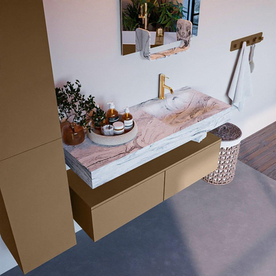 Mondiaz ALAN-DLUX Ensemble de meuble - 120cm - meuble Oro mat - 2 tiroirs - Lavabo Cloud Glace suspendu - vasque Droite - 1 trou de robinet