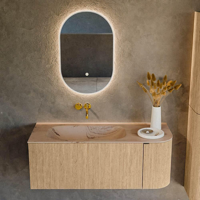MONDIAZ KURVE-DLUX Meuble de salle de bains 115cm arrondi à droite couleur chêne avec 1 tiroir et 1 porte. Lavabo BIG SMALL gauche sans trou de robinet Arena.