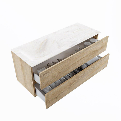 Mondiaz VICA-DLUX Ensemble de meuble de salle de bain - 120cm - meuble sous-vasque chêne blanchi - 2 tiroirs - lavabo encastré cloud gauche - 1 trou de robinet - version haute de 60cm - ostra