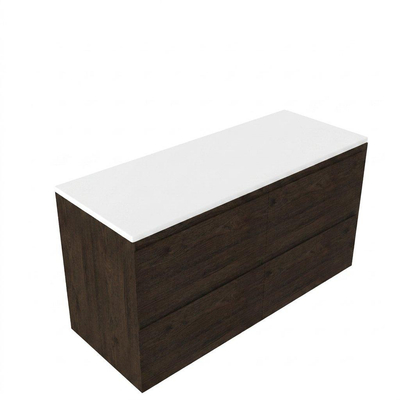 Saniclass Holz Pure Ensemble de meubles de salle de bains - 120x45x62.5cm - plan de toilette Torino en solid surface blanc - sans trou de robinetterie - 4 tiroirs - chêne charcoal mat (bois)