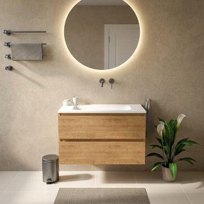 Saniclass Holz Pure Ensemble meuble de salle de bains - 100x45x77.5cm - vasque Torino en Solid Surface blanche - sans trou de robinet - 2 tiroirs - chêne natural mat (bois)