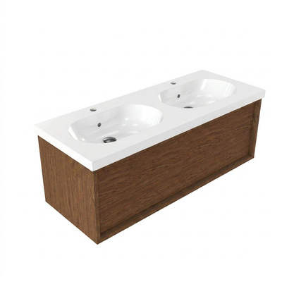 Saniclass Holz Frame Ensemble meuble de salle de bains - 120x45x43.5cm - lavabo en céramique Palermo blanc - 2 vasques - 2 trous de robinetterie - 1 tiroir - walnut pure mat (bois)
