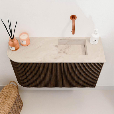Mondiaz JOYA-DLUX Meuble de salle de bains 71,6cm - arrondi gauche couleur Noyer - Vasque FAYE position Droite Sans trou de robinet couleur Frappe