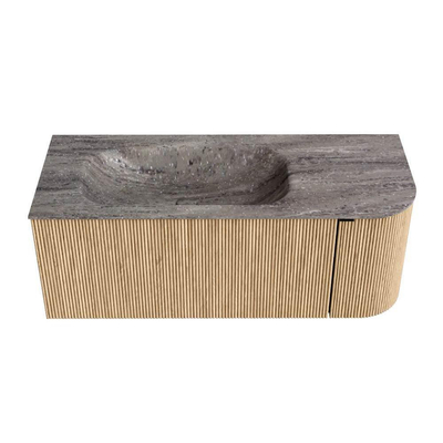 MONDIAZ KURVE-DLUX Meuble de salle de bains 115cm arrondi à droite couleur Chêne avec 1 tiroir et 1 porte. Lavabo BIG SMALL gauche sans trou de robinet Oza.