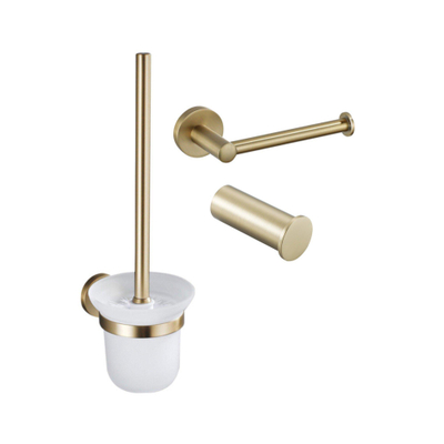 Fortifura Calvi Toiletset 3-delig - toiletrolhouder - zonder klep - toiletborstel - handdoekhaak enkel rond - PVD - geborsteld messing (goud)