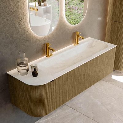 Mondiaz KURVE-DLUX Badkamermeubelset - 145x46x40cm - 1 lade - 1 deur - wastafel solid surface - rechts - 2 kraangaten - Dusk