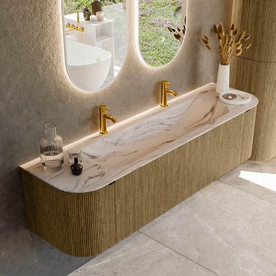 MONDIAZ KURVE-DLUX Meuble de salle de bains 170cm arrondi Gauche + Droite couleur Dusk avec 1 tiroir et 2 portes. Plan-vasque BIG LARGE Central 2 trous de robinet Nata.