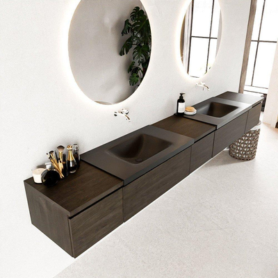 Mondiaz bukla ensemble de meubles de bain 280x45x34cm 0 robinetterie 2 lavabos surface solide urbaine sans poignée 5 tiroirs avec softclose mélamine marron foncé