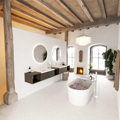 MONDIAZ BUKLA 280cm ensemble de meuble avec module ouvert 40 L+M+R couleur Marron Foncé avec 2 tiroirs. Lavabo CLOUD double 2 trous de robinet couleur Talc.