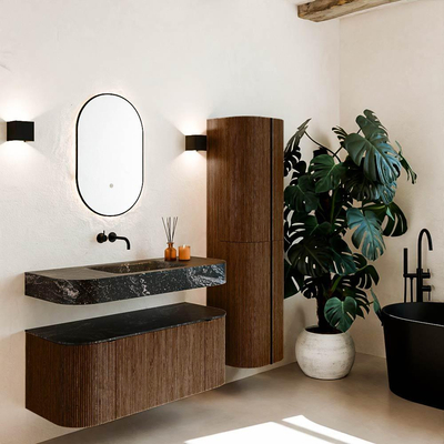 MONDIAZ THOR-DLUX 110cm badmeubel ronding links + rechts kleur Walnut met 1 lade en 2 deuren. Vrijhangende wastafel CLOUD Midden zonder kraangat kleur Lava.