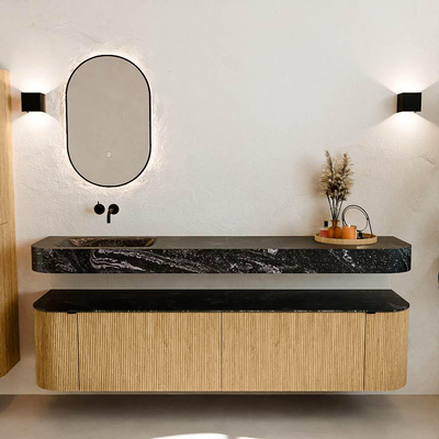 MONDIAZ THOR-DLUX Meuble de salle de bains 190cm arrondi gauche + droite couleur Oak avec 2 tiroirs et 2 portes. Vasque suspendue CLOUD Gauche sans trou de robinet couleur Lava.