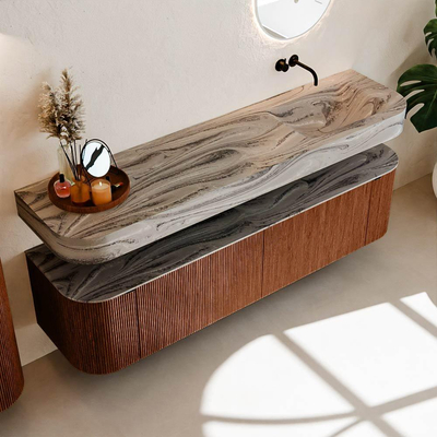 MONDIAZ THOR-DLUX Meuble de salle de bains - 180cm - arrondi gauche + droite - couleur Ruby - 2 tiroirs - 2 portes - Vasque suspendue CLOUD droite sans trou de robinet - couleur Sombra