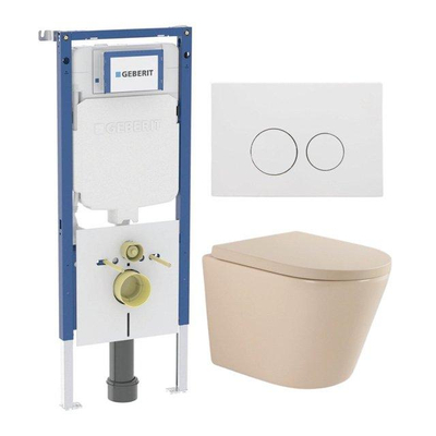 QeramiQ Dely Ensemble de toilettes - 36.3x51.7cm - cuvette profonde - sans bride - réservoir encastré Geberit UP720 - abattant de toilette softclose 35 mm - plaque de commande blanche mate - boutons ronds - beige mat