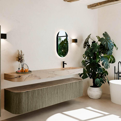 MONDIAZ THOR-DLUX 200cm meuble de salle de bains arrondi gauche + droite couleur Shadow avec 2 tiroirs et 2 portes. Vasque suspendue CLOUD Droite 1 trou de robinet couleur Arena.