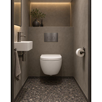 QeramiQ Dely Swirl Compact Toiletset - inbouwreservoir QeramiQ flush - 25mm zitting - metalen bedieningsplaat messing geborsteld (goud) - rechthoekige knoppen - glans wit