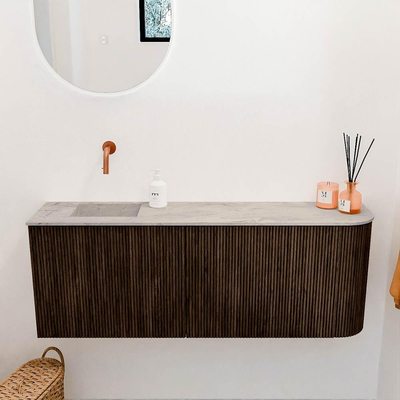 Mondiaz JOYA-DLUX 111.6cm toiletmeubel - ronding rechts kleur Walnut - Wastafel FAYE positie Links Zonder kraangat kleur Glace.