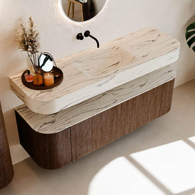 MONDIAZ THOR-DLUX 150cm badmeubel ronding links + rechts kleur Walnut met 1 lade en 2 deuren. Vrijhangende wastafel CLOUD Midden zonder kraangat kleur Nata.