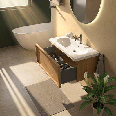Saniclass Holz Frame Ensemble meuble de salle de bains - 100x45x43.5cm - lavabo en céramique Palermo blanc - 1 vasque - 1 trou de robinetterie - 1 tiroir - chêne natural mat (bois)