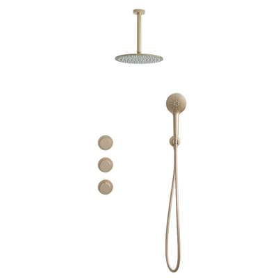 Fortifura Nebbio Regendoucheset - inbouwkraan - inbouwdeel - wandaansluitbocht - doucheslang glad - ronde handdouche - 20cm plafondarm - 30cm - hoofddouche - PVD - geborsteld messing (goud)
