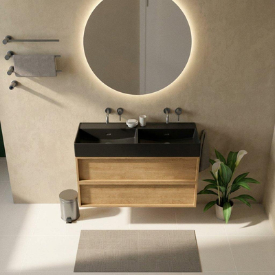 Saniclass Holz Frame Ensemble de meubles de salle de bains - 120x45x72cm - Legend lavabo en céramique noir mat - 2 vasques - sans trous de robinetterie - 2 tiroirs - chêne natural mat (bois)