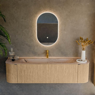 MONDIAZ KURVE-DLUX Meuble de salle de bains 170cm arrondi Gauche + Droite couleur Chêne avec 1 tiroir et 2 portes. Lavabo BIG LARGE Central 1 trou de robinet Arena.