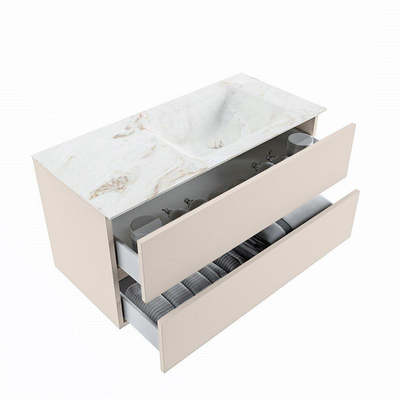 VICA-DLUX meuble sous lavabo 100cm Linen 2 tiroirs. Lavabo encastré CLOUD à droite 1 trou de robinet, couleur Frappe.