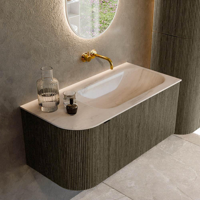 MONDIAZ KURVE-DLUX Meuble de salle de bains 95cm arrondi à gauche couleur Shadow avec 1 tiroir et 1 porte. Lavabo BIG SMALL à droite sans trou de robinet Meli.