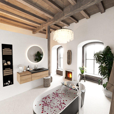 MONDIAZ BUKLA Meuble de salle de bains 120 cm avec module 40 couleur Chêne blanchi avec 2 tiroirs. Lavabo CLOUD à droite 1 trou de robinet couleur Urban.