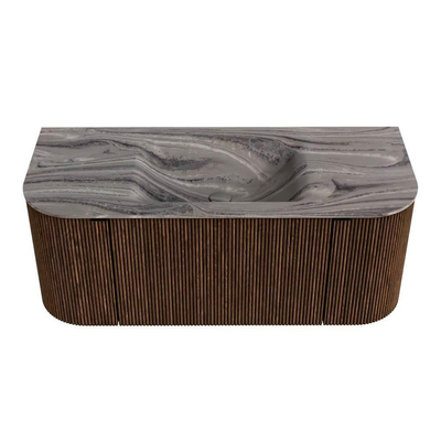 MONDIAZ KURVE-DLUX Meuble de salle de bains 110cm arrondi Gauche + Droite couleur Walnut avec 1 tiroir et 2 portes. Lavabo CLOUD central sans trou de robinet Sombra.