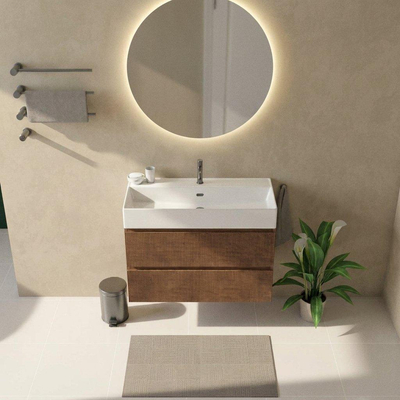 Saniclass Holz Atelier Ensemble meuble de salle de bains - 100x45x72cm - lavabo Legend en céramique blanc - 1 vasque - 1 trou de robinetterie - 2 tiroirs - noyer pur mat (bois)