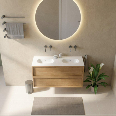 Saniclass Holz Frame Ensemble de meubles de salle de bains - 120x45x74cm - Chaci lavabo en céramique blanc - 2 vasques - sans trous de robinetterie - 2 tiroirs - chêne natural mat (bois)