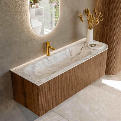 MONDIAZ KURVE-DLUX 135cm Meuble salle de bain avec module 25 D - couleur Walnut - 1 tiroir - 1 porte - vasque BIG MEDIUM gauche - 1 trou de robinet - couleur Glace