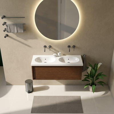 Saniclass Holz Frame Ensemble meuble de salle de bains - 120x45x43.5cm - lavabo en céramique Palermo blanc - 2 vasques - sans trous de robinetterie - 1 tiroir - walnut pure mat (bois)