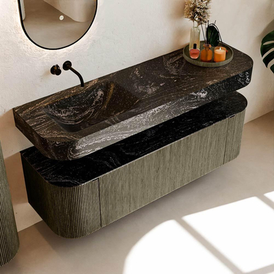 MONDIAZ THOR-DLUX 150cm meuble de salle de bains arrondi gauche + droite couleur Shadow avec 1 tiroir et 2 portes. Vasque suspendue CLOUD Gauche sans trou de robinet couleur Lava.