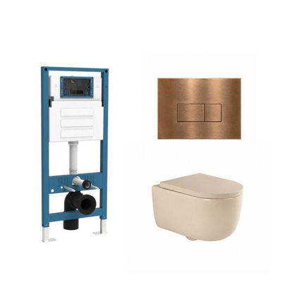 QeramiQ Dely Swirl Toiletset - inbouwreservoir Qeramiq Flush - 35mm zitting - metaal koperen bedieningsplaat - rechthoekige knoppen - beige